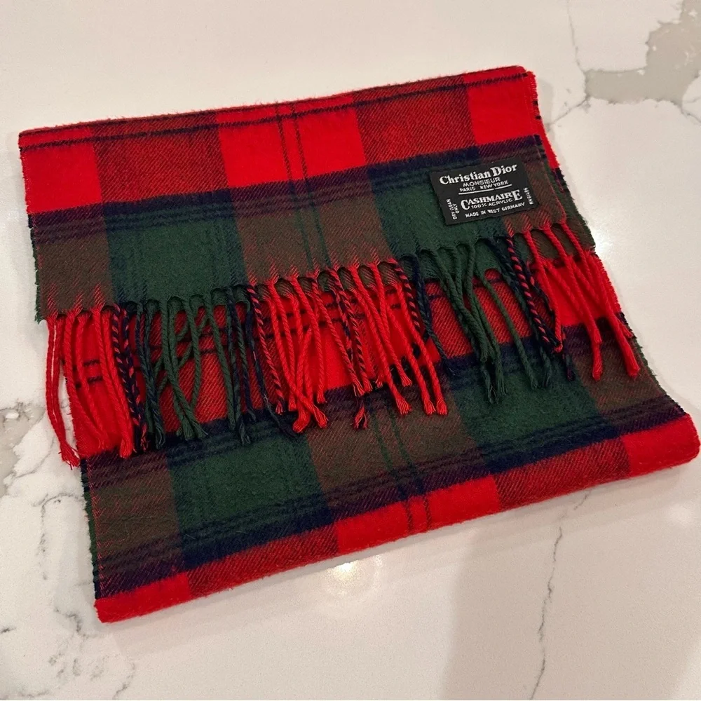 Vintage Christian Dior Monsieur Cashmaire Tartan Plaid Scarf Red Green Fringe